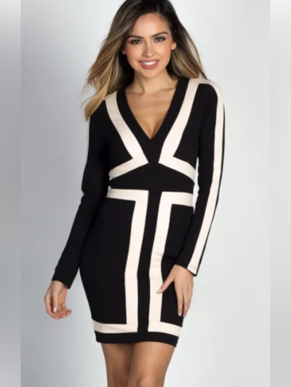 A’GACI Black Beige Colorblock Bodycon Mini Dress Long Sleeve Size Medium